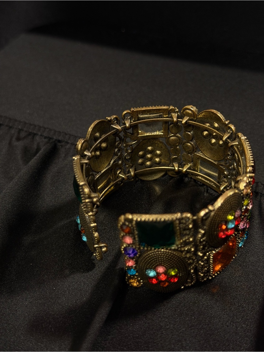 Vintage Expandable Panel Bracelet | Colorful Rhinestones | Statement Jewelry - Picture 3 of 10